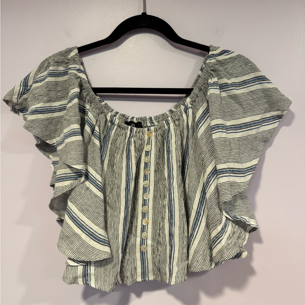 Grey white and blue Angie stripe flowy button shirt